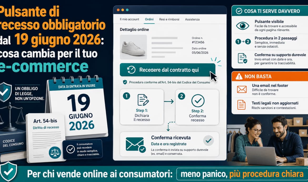 Pulsante di recesso obbligatorio dal 19 giugno 2026: cosa cambia per il tuo e-commerce