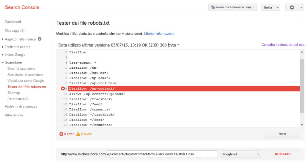 Search Console - Tester dei file robots.txt - http---www.michelerocco.com-contenuto bloccato