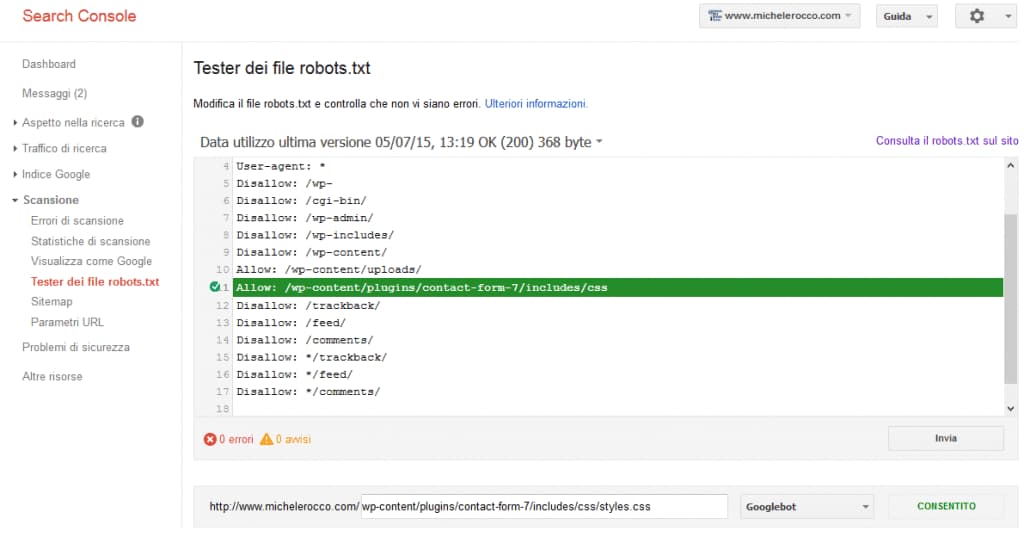 Search Console - Tester dei file robots.txt - http---www.michelerocco.com-test correzione 2