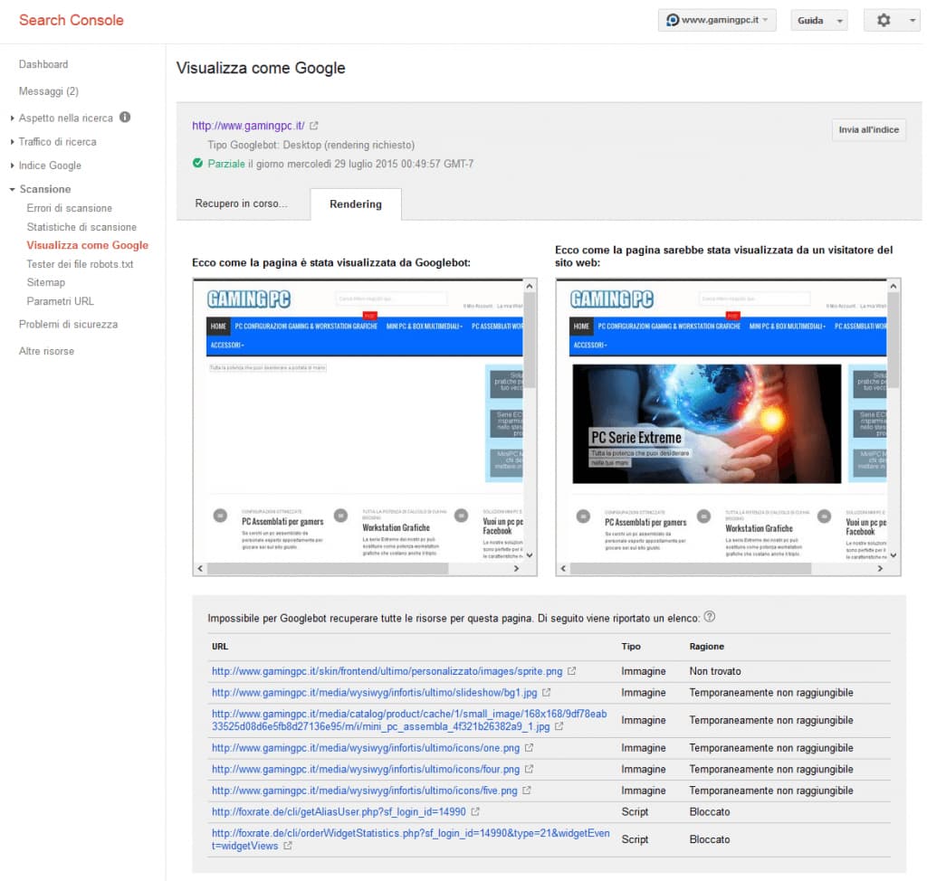 Search Console - Visualizza come Google - esempio fetch