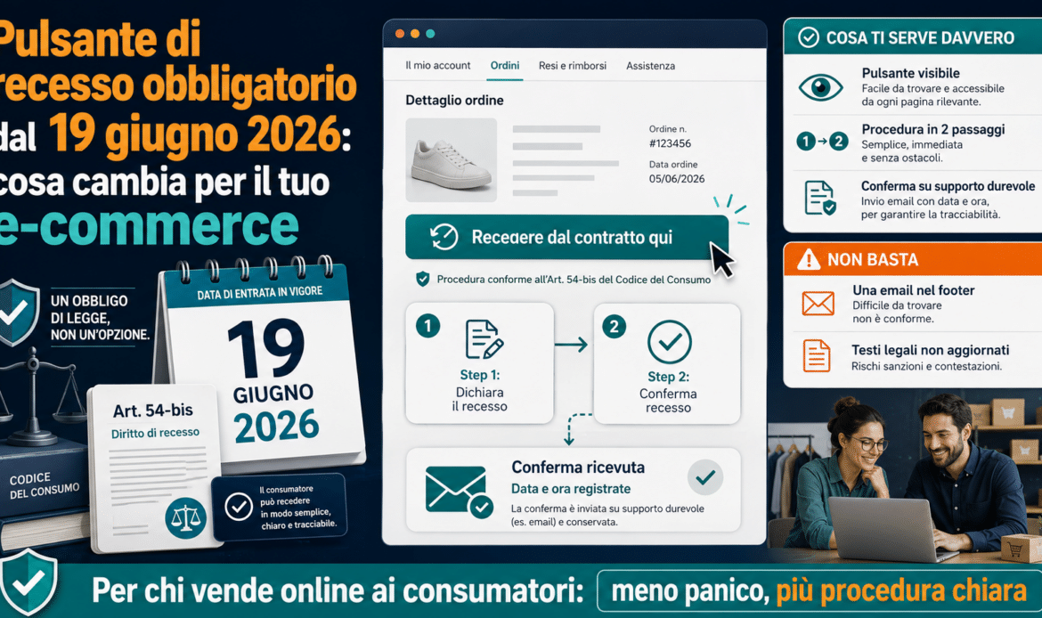 Pulsante di recesso obbligatorio dal 19 giugno 2026: cosa cambia per il tuo e-commerce